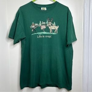 Vintage Y2K Life is Crap Humorous T Shirt Hunting Graphic Mens Size Large Green